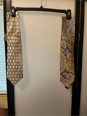 Two-Tie Set — Light Blue & Tan Paisley and Black&Silver Geometric - Good